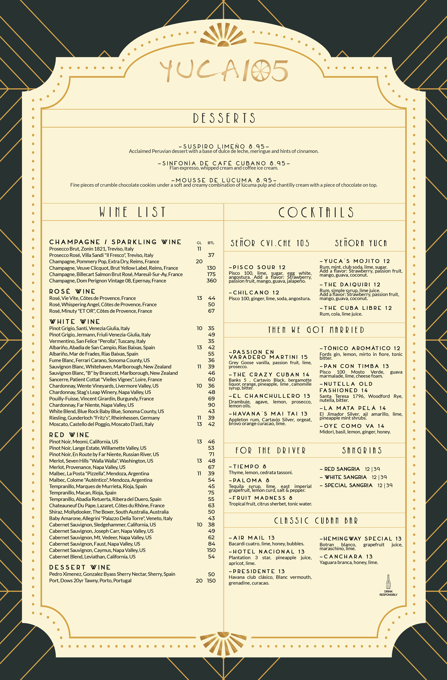 YUCA 105 dessert, wine and cocktail menus